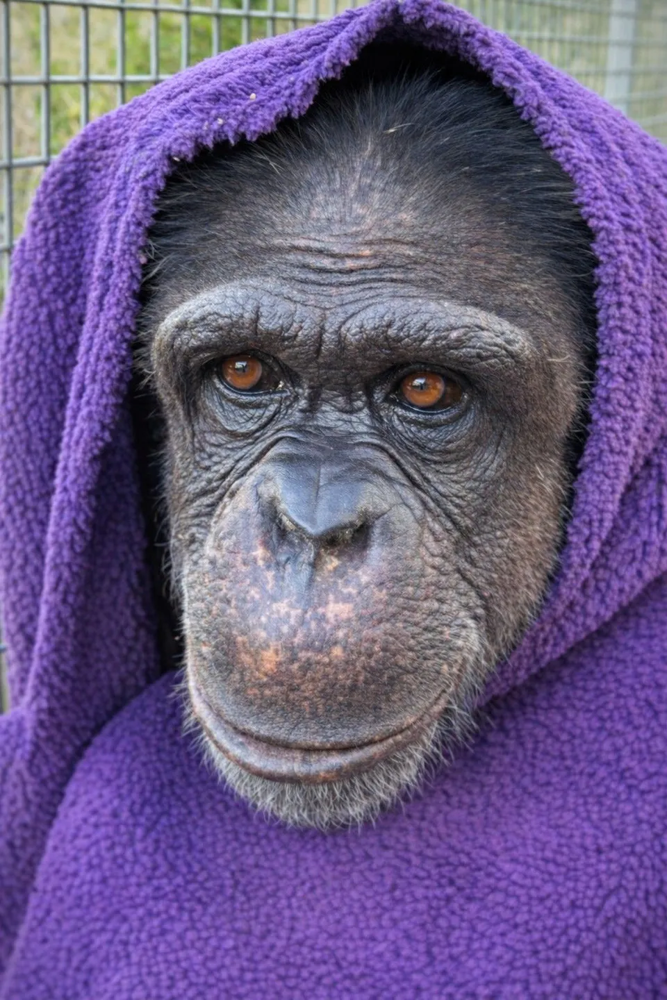 Nakima, a chimpanzee with her signature blanket, at Wales Ape & Monkey Sanctuary