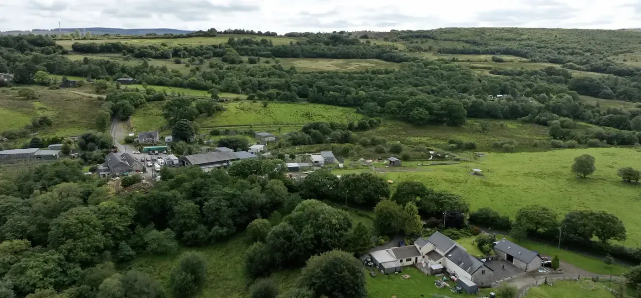 Aerial view of Wales Ape & Monkey Sanctuary set in the Brecon Beacons countryside
